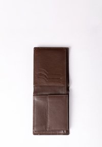 Brown leather wallet with a textured surface, featuring slots for cards and a pocket. The interior is organized with a smooth finish.