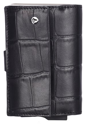 Black leather wallet with a textured, croc-embossed design. Features a snap closure and a small metallic logo accent.