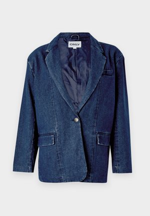 Dark blue denim blazer with a notched lapel, single button closure, two front pockets, and a smooth inner lining.