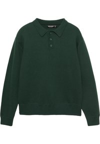 Tmavozelený pulóver s polo golierom, trojzubkovou légou, dlhými rukávmi a rebrovanými manžetami a lemom. Mäkka textúra látky.