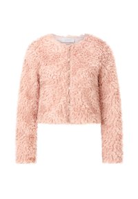 Cardigan corto in pelliccia sintetica rosa con finitura testurizzata, maniche lunghe e cinque bottoni sul davanti. Materiale morbido e soffice.