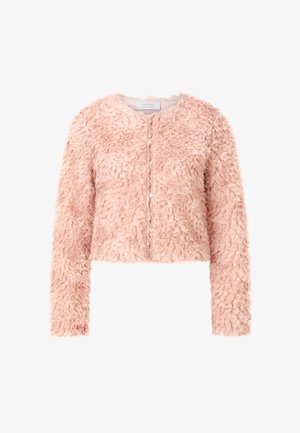 Cardigan corto in pelliccia sintetica rosa con finitura testurizzata, maniche lunghe e cinque bottoni sul davanti. Materiale morbido e soffice.