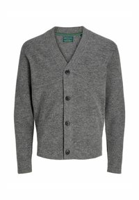 Cardigan gris de punto con escote en V, seis botones en el frente y textura acanalada. Presenta una etiqueta verde y blanca en el interior.