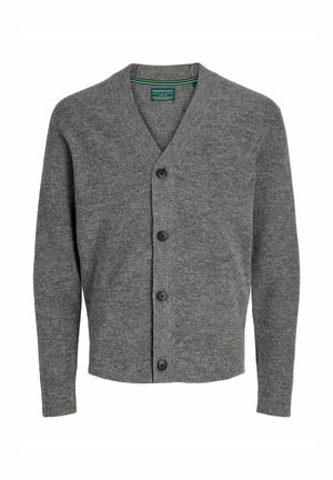 Pilkas megztinis su V formos iškirpte, šešiais mygtukais priekyje ir rilituotu tekstūru. Viduje yra žaliai balta etiketė.
