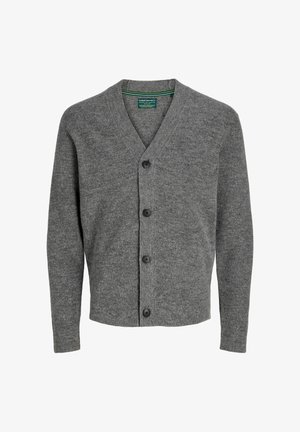 Cardigan gri tricotat cu decolteu în V, cu șase nasturi pe față și textură cu nervuri. Are un etichetă verde și albă în interior.