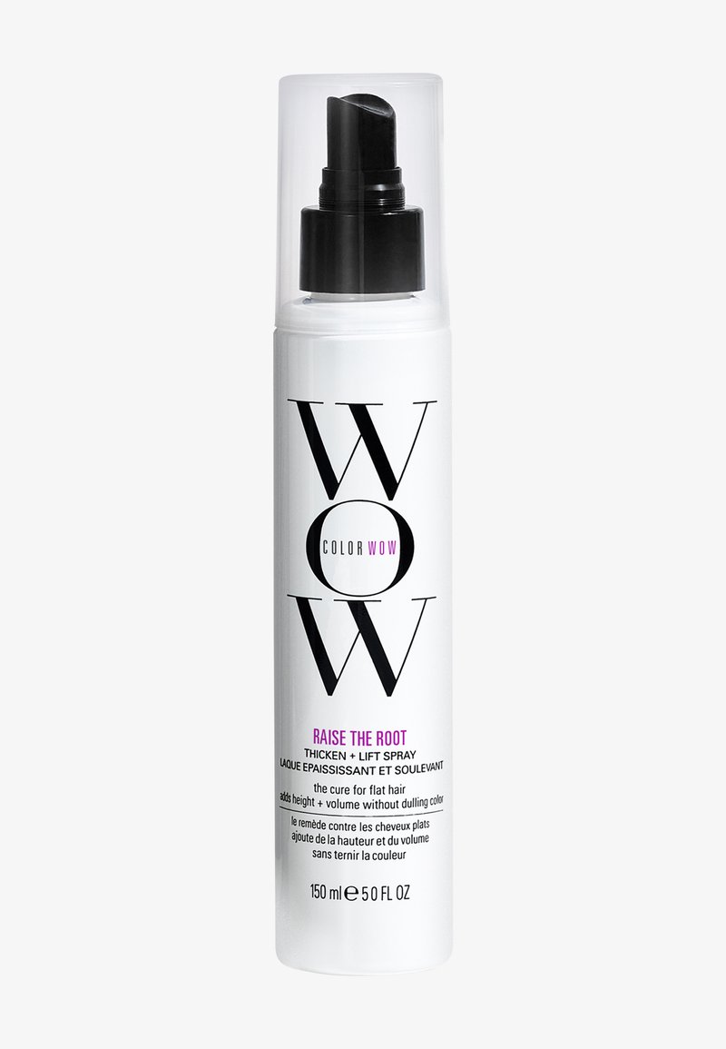 White bottle of Color WOW Raise the Root thickening and lifting hair spray with black pump dispenser and clear cap, 150 ml.