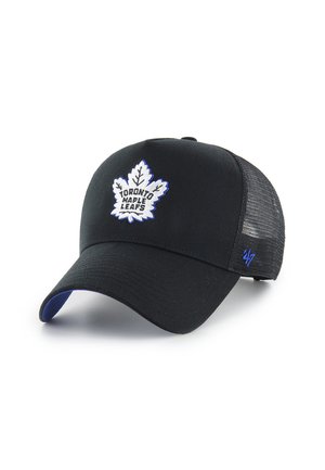 Casquette de baseball en maille noire avec le logo des Toronto Maple Leafs brodé à l'avant et "47" brodé sur le côté en bleu.