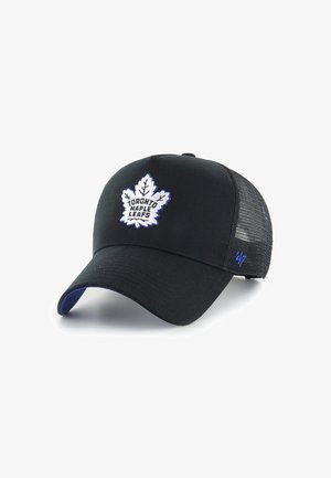Black mesh baseball cap with Toronto Maple Leafs logo embroidered on front and "47" embroidered on side in blue.