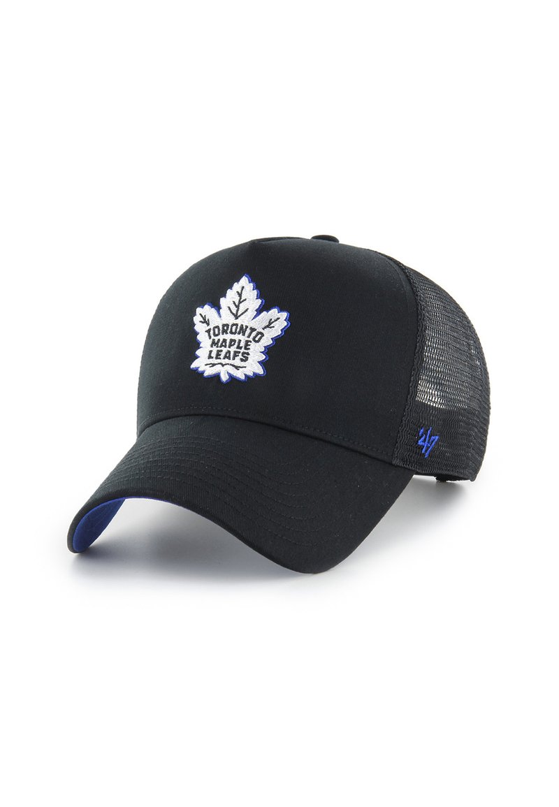 Black mesh baseball cap with Toronto Maple Leafs logo embroidered on front and "47" embroidered on side in blue.