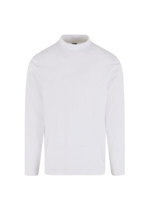 Gara piedurkne balta turtleneck krekls, izgatavots no mīksta kokvilnas auduma, ar pieguļošu dizainu un gludu tekstūru, piemērots slāņošanai.
