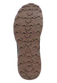 Brown rubber outsole featuring a rugged tread pattern with angled grooves and triangular accents for enhanced traction.