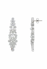 Silver-tone floral earrings featuring clear gemstones and round pearls, measuring approximately 6 cm in length with a post-back closure.