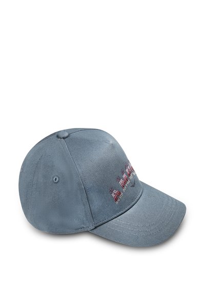 Cappellino da baseball in tessuto blu con corona strutturata, visiera curva e lettering ricamato con strass sulla parte anteriore.