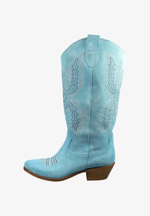 Stivale da cowboy in camoscio azzurro chiaro con cuciture decorative, punta appuntita, linguetta di tiraggio e tacco in legno a strati.