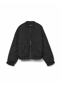 Giacca bomber trapuntata nera con zip frontale, tasche laterali, polsini elasticizzati e colletto arrotondato. Texture liscia e opaca.