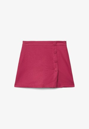 Short pink skirt with four vertical covered buttons on the right front side, plain fabric, straight hem, and waistband.