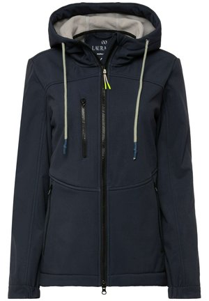 Veste navy avec capuche, fermeture éclair à l'avant, deux poches latérales et cordons contrastants. Fabriquée dans un tissu lisse et résistant aux intempéries.