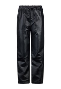 Zwarte neplederen broek met een elastische tailleband, trekkoorddetails en twee voorkezen; gladde textuur met een losse pasvorm.