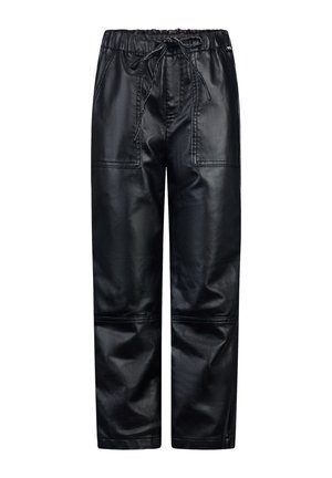 Schwarze Kunstlederhosen mit elastischem Bund, Kordelzugdetails und zwei Fronttaschen; glatte Textur mit lockerer Passform.