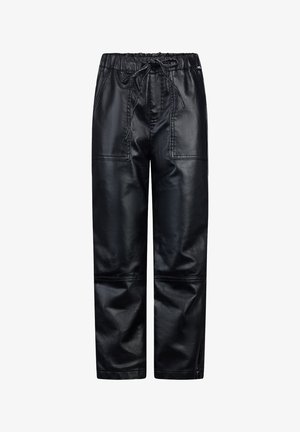 Pantaloni neri in eco-pelle con vita elastica, dettaglio con cordoncino e due tasche frontali; texture liscia con vestibilità ampia.