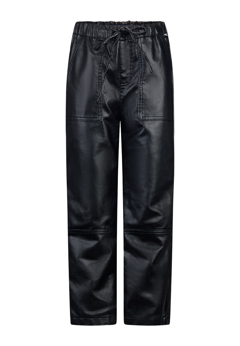 Zwarte neplederen broek met een elastische tailleband, trekkoorddetails en twee voorkezen; gladde textuur met een losse pasvorm.