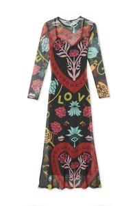 Langermet, gjennomsiktig sort kjole med fargerike hjerte- og blomstermønstre i rødt, rosa, turkis og gult. Rundet halslinje, formet passform.