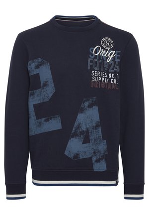 Navy blue pullover sweatshirt with large faded blue numbers "24" on the front, round neckline, and white-striped cuffs.