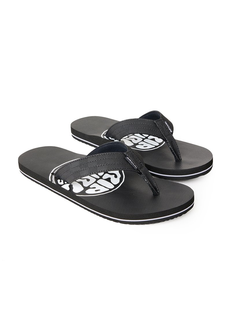 Black flip-flops featuring textured rubber soles, fabric straps, and a white logo design on the footbed, with contrasting white edging.