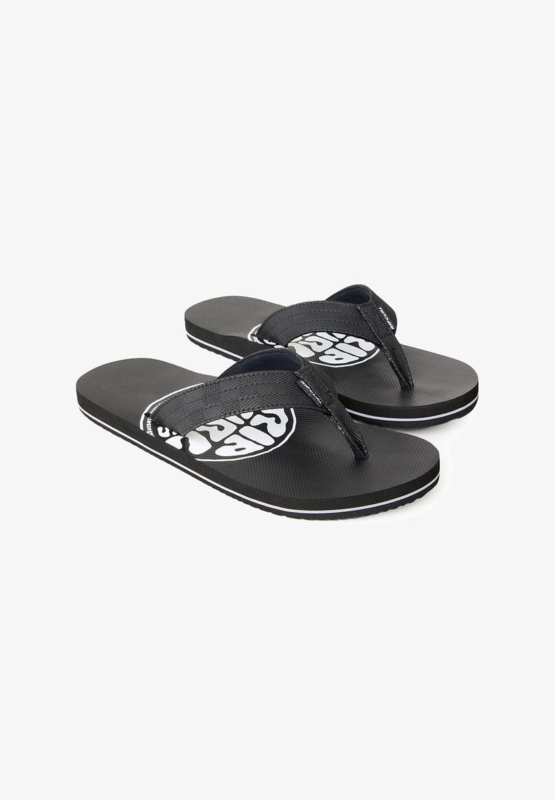 Black flip-flops featuring textured rubber soles, fabric straps, and a white logo design on the footbed, with contrasting white edging.