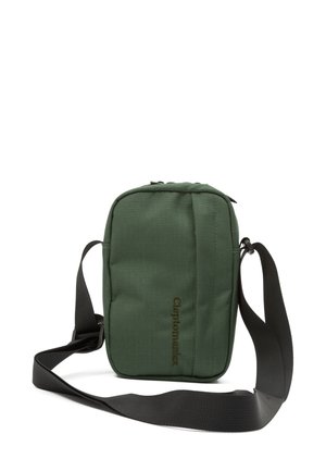 Dark green shoulder bag with a black strap. The front features a subtle logo in brown, emphasizing a simple and functional design.