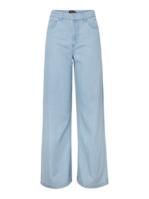 Lyseblå, vide jeans med høyt liv, frontlommer, beltehemper og knappelukking fra merket Pieces.