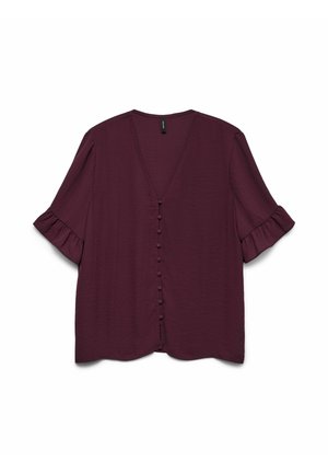 Burgundy short-sleeve blouse with a V-neck, featuring ruffled sleeves, front button closure, and a textured woven fabric.