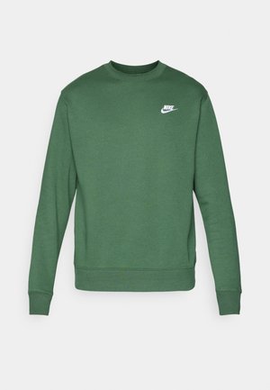 Felpa Nike verde con scollo rotondo, maniche lunghe e polsini a costine. Presenta un logo Nike bianco sul petto. Tessuto morbido.