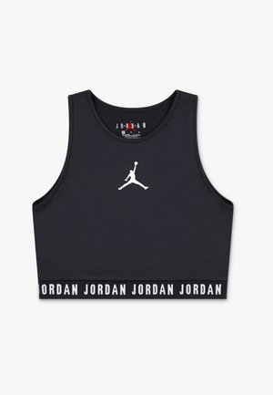 Juodas sportinis trumpas viršus iš lygaus audinio, su dideliu baltu Jumpman logotipo ant krūtinės ir juosta su pasikartojančiu užrašu „JORDAN“.