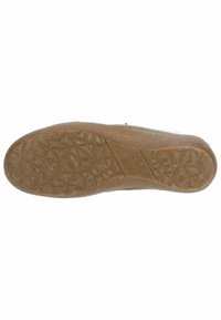 Bruine rubberen schoenzool met een getextureerd patroon van hoekige vormen voor grip. Bevat het merkl logo in een gemouleerde ontwerp.