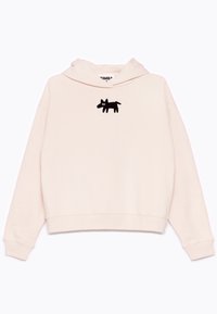 Felpa con cappuccio in morbido tessuto rosa, con un design di un cane ricamato di colore nero sul petto. Orlo corto e vestibilità comoda.