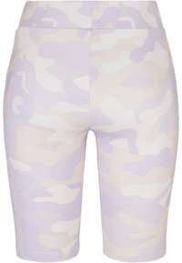 Lyse lilla cykelshorts med camouflageprint lavet af strækbart stof, der har en glat tekstur og en elastisk linning for en behagelig pasform.