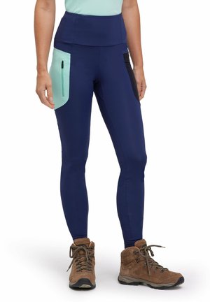 Navy athletic leggings with a wide waistband, featuring a light blue pocket with zipper and black accent. Suitable for outdoor activities.