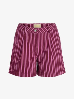 Short rayé vertical violet et rose avec fermeture boutonnée et passants de ceinture, présentant des plis à l'avant et une étiquette de marque JJXX à l'intérieur de la ceinture.