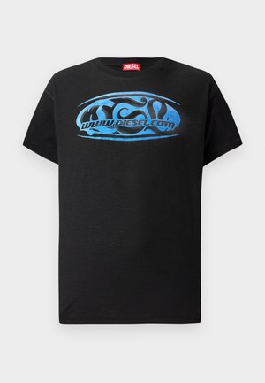 Black short-sleeve t-shirt made of cotton, featuring a blue graphic logo design with text "www.diesel.com" on the front.