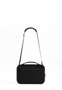 Black rectangular laptop bag made from textured fabric. Features a top handle and adjustable shoulder strap, with a front zip pocket.