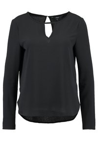 Svart långärmad blus med en liten V-ringning och tunna horisontella remmar vid halslinningen.