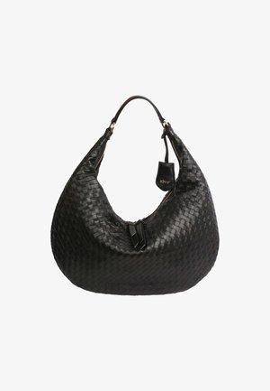 Black woven leather handbag with a curved shape, a zip closure, and a short shoulder strap. Features a small accent tag.