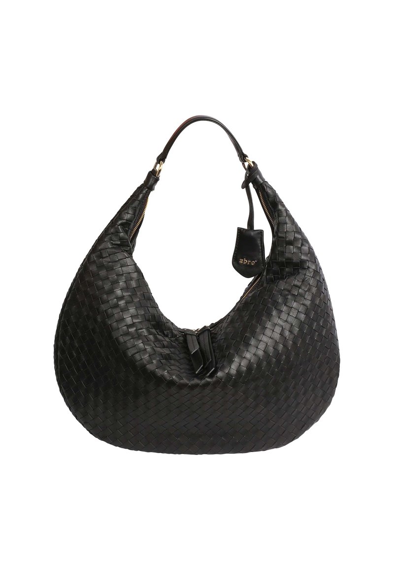 Sac à main en cuir tissé noir, de forme courbée, avec une fermeture éclair et une courte anse. Comprend une petite étiquette d'accent.