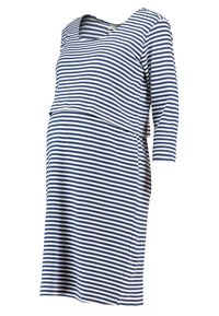 Mörkblå och vit randig gravidklänning med långa ärmar och ett lagerformat framstycke.