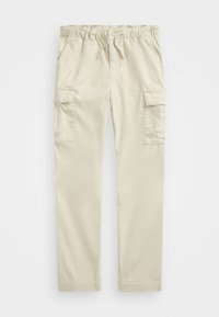Beige cargo pants with an elastic waistband and drawstring, featuring two side pockets and two large side cargo pockets. Smooth fabric texture.