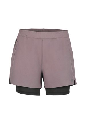 Light mauve athletic shorts with black inner lining, elastic waistband, and side pockets. Curved hem and ventilation accents.
