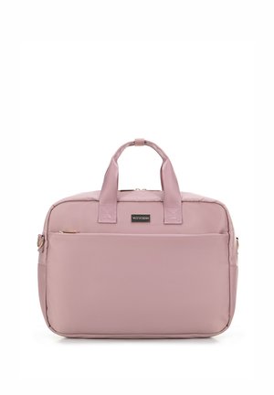 Pink nylon handbag with dual top handles and a zippered closure. Features a front pocket and a subtle logo accent on the front. Smooth texture.