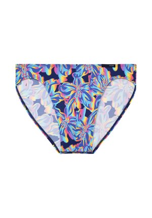 Damen Bikinihose mit dunkelblauem Grundton und lebendigem mehrfarbigem Schmetterlingsmuster, hergestellt aus glattem, elastischem Stoff.