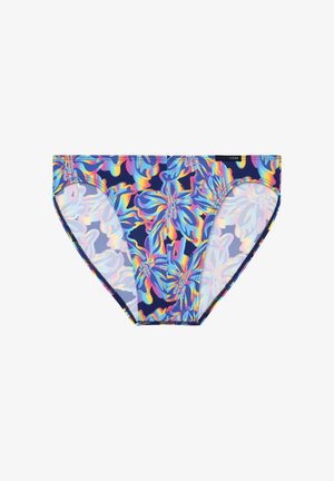 Dames bikinibroekje met een marineblauwe basis en een levendig meerkleurig vlindermotief, gemaakt van glad, rekbaar materiaal.